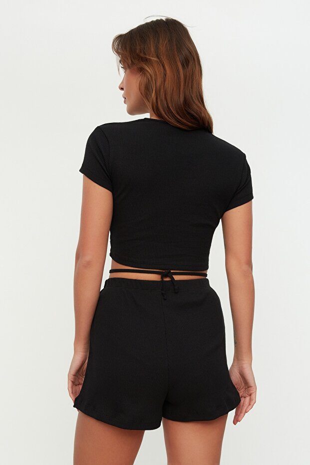 Siyah Bağlama Detaylı Crop Fitilli Pamuklu Örme Bluz THMSS22BZ1089 - 5