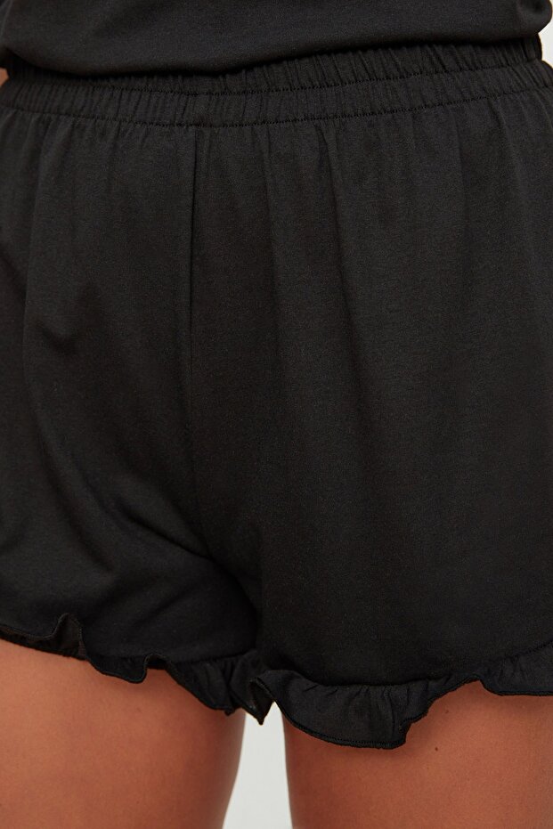 Siyah %100 Pamuklu Fırfırlı Şortlu Örme Pijama Takımı THMSS22AU0304 - 6