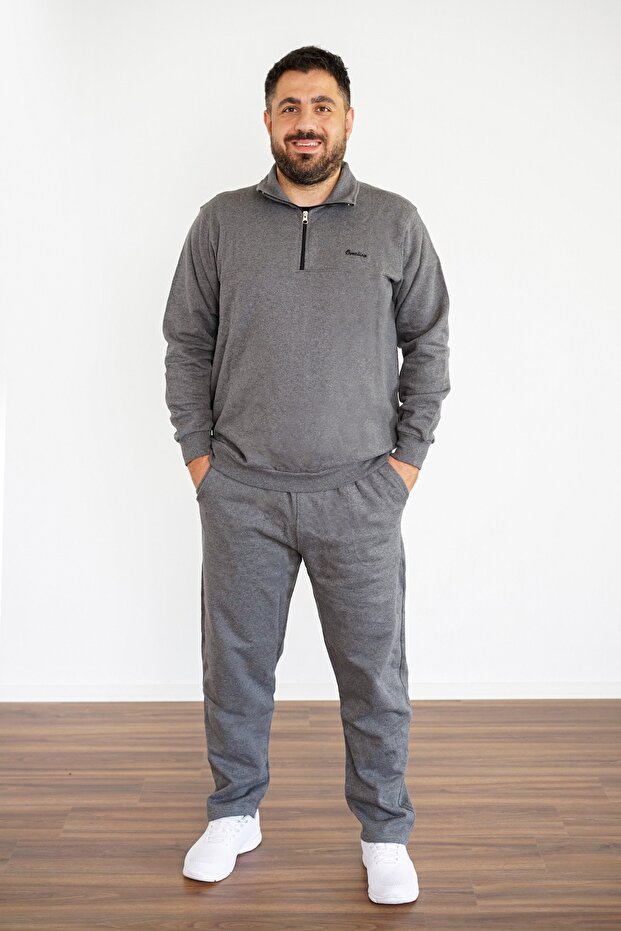 Men's Gray Stand-Up Turtleneck Comfortable Fit Half Zipper Tracksuit Set 21eestyakt0000014