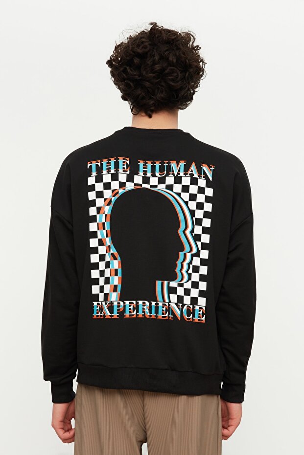Siyah Oversize/Geniş Kesim Baskılı Sweatshirt TMNAW22SW0417 - 1
