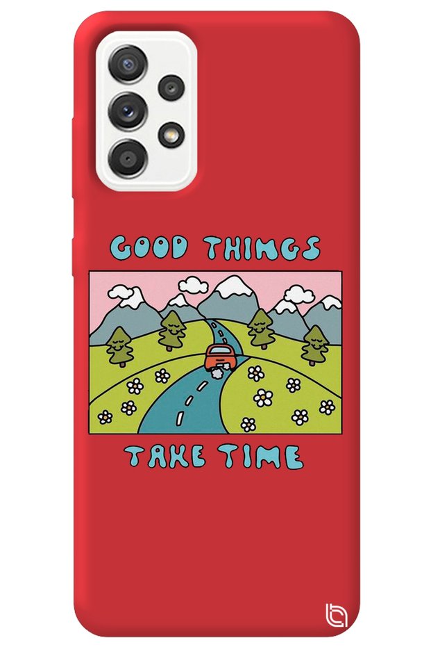 Samsung Galaxy A72 Red Color Premium Velvet Inside Take Time Patterned Silicone Phone Case