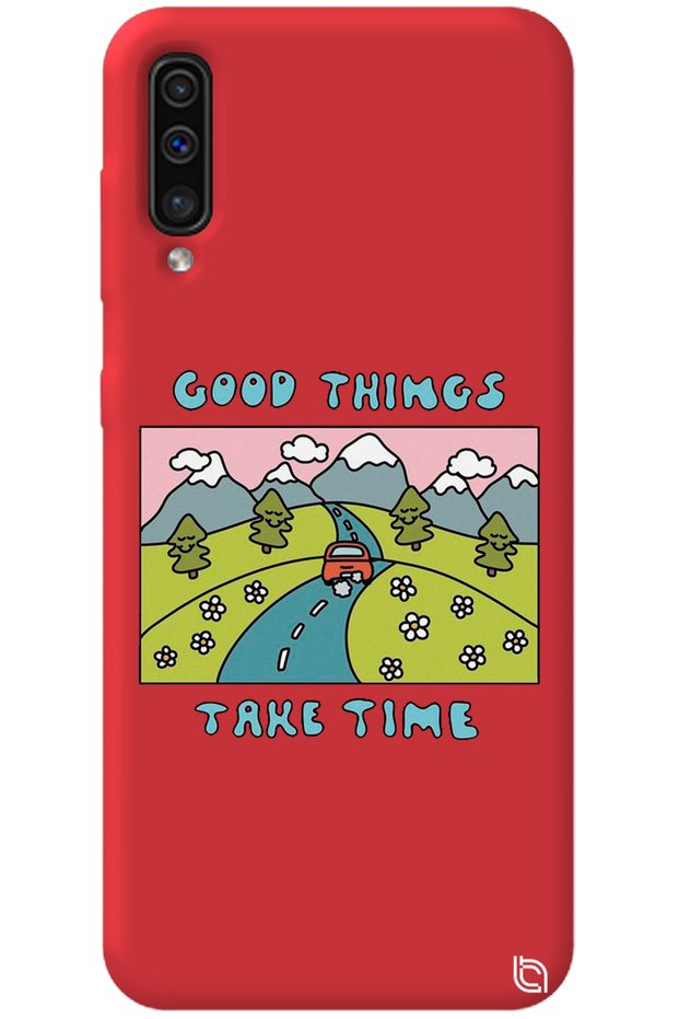 Samsung Galaxy A70 Red Color Premium Velvet Inside Take Time Patterned Silicone Phone Case