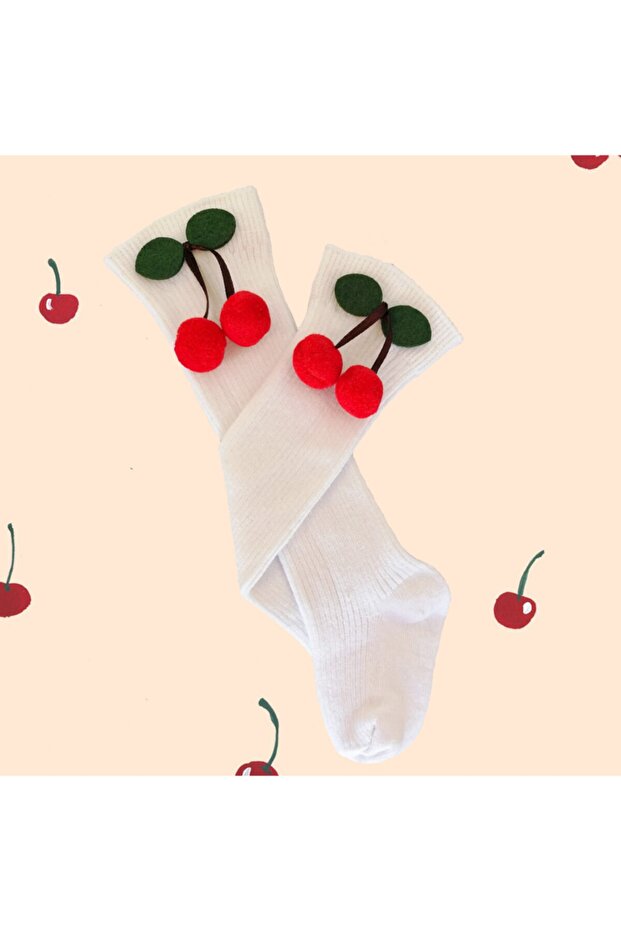 Kids Baby Girl Cherry Patterned White Knee-Cuff Socks 0-3 Years