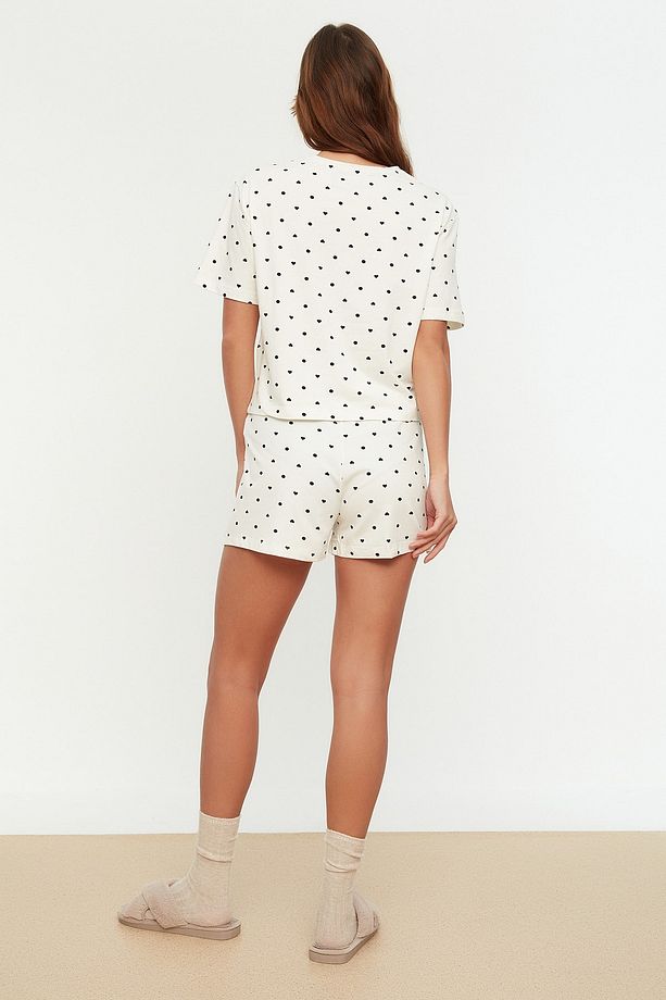 Beyaz %100 Pamuklu Puantiyeli ve Kalpli Şortlu Örme Pijama Takımı THMSS21PT1485 - 5
