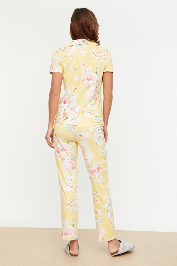 Sarı %100 Pamuklu Çiçek Desenli Gömlek-Pantolon Örme Pijama Takımı THMSS20PT0063 - 5