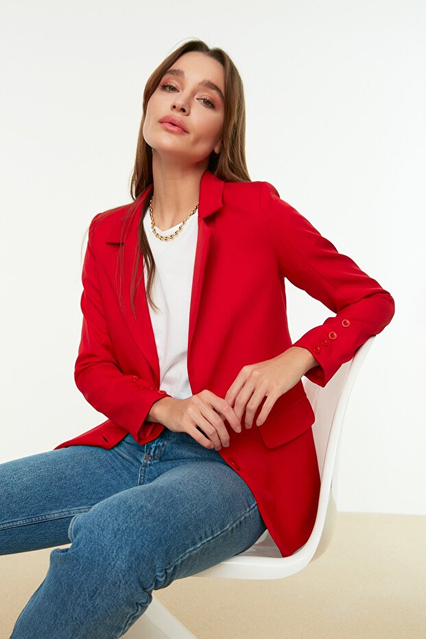 Kırmızı Regular Astarlı Düğmeli Dokuma Blazer Ceket TWOAW22CE0165 - 3