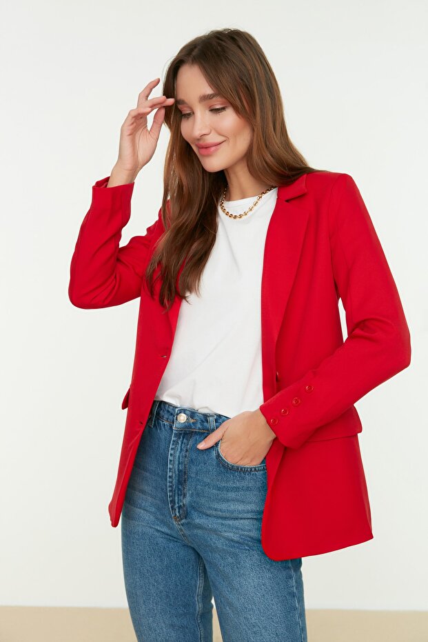 Kırmızı Regular Astarlı Düğmeli Dokuma Blazer Ceket TWOAW22CE0165 - 4