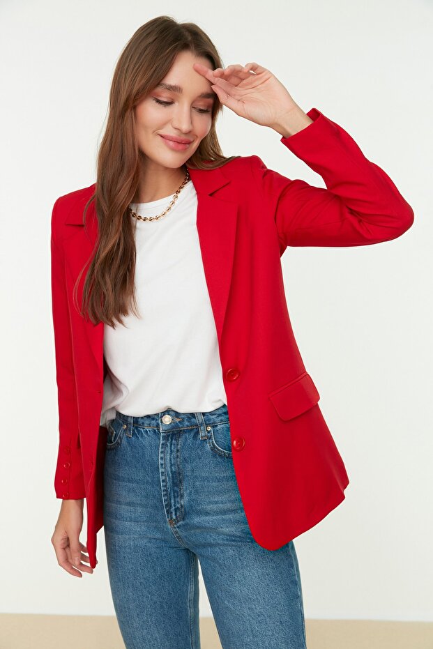 Kırmızı Regular Astarlı Düğmeli Dokuma Blazer Ceket TWOAW22CE0165 - 5
