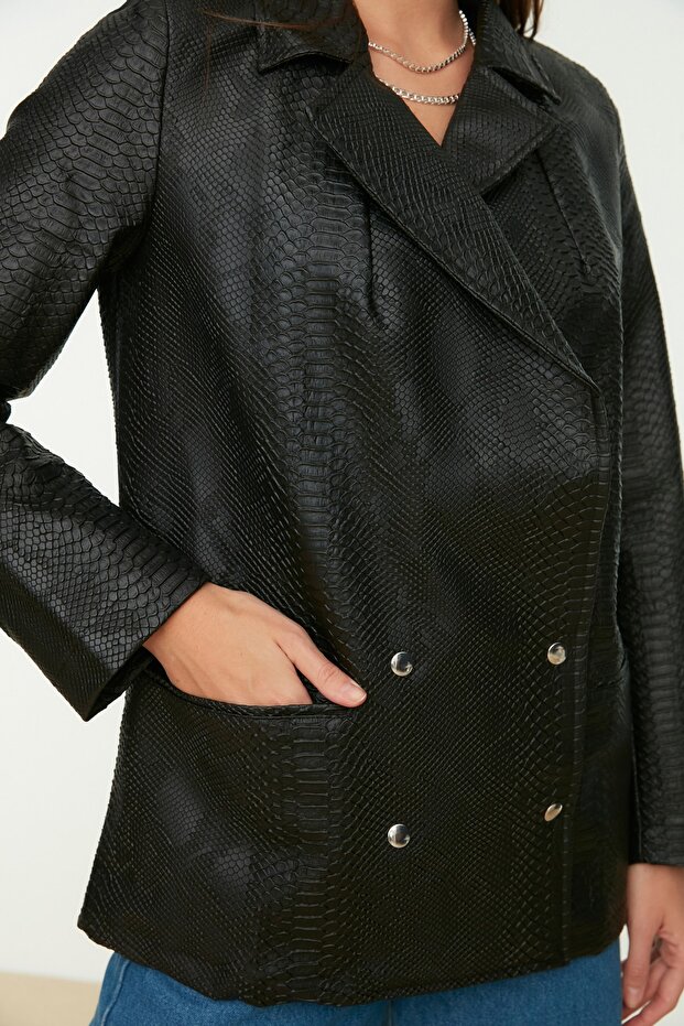 Siyah Suni Deri Oversize Cep Detaylı Dokuma Ceket TWOAW22CE0633 - 4