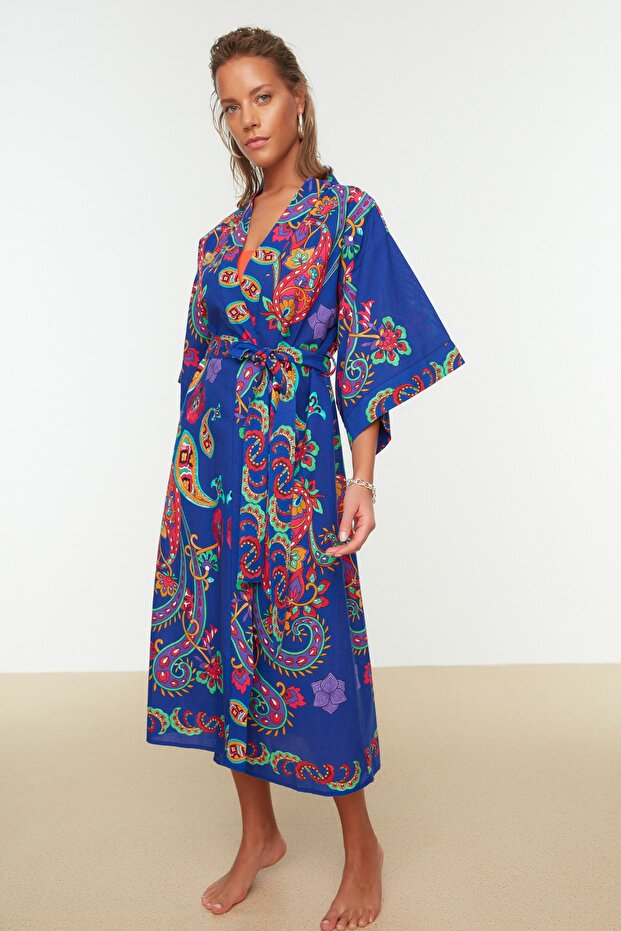 Etnik Desenli Dokuma %100 Pamuk Midi Plaj Kuşaklı Kimono&Kaftan TBESS22KM0023 - 2