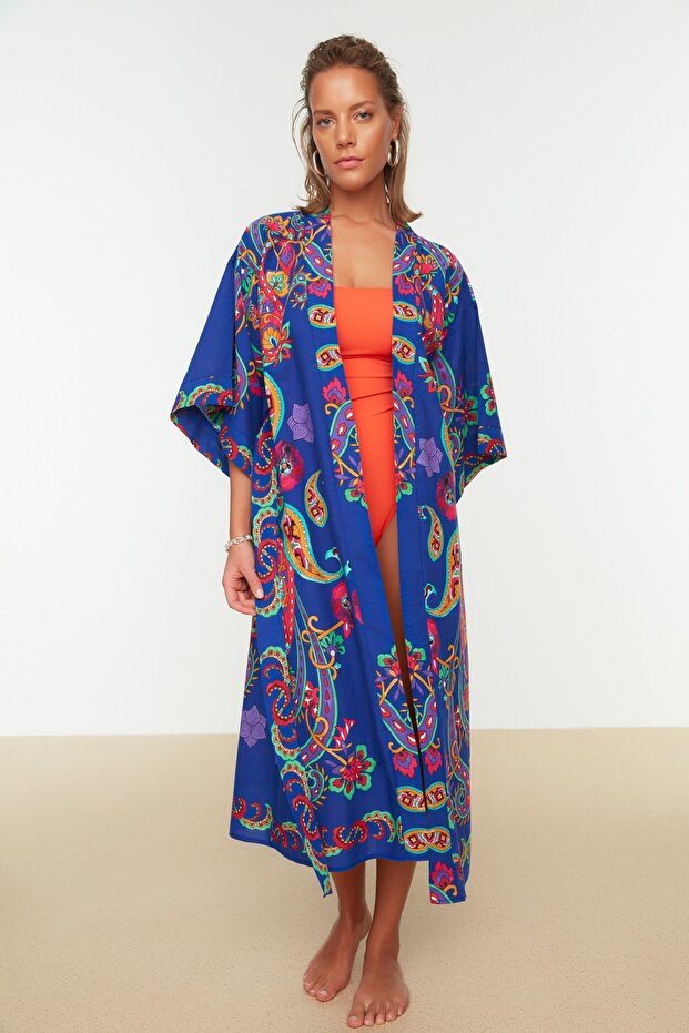Etnik Desenli Dokuma %100 Pamuk Midi Plaj Kuşaklı Kimono&Kaftan TBESS22KM0023 - 5
