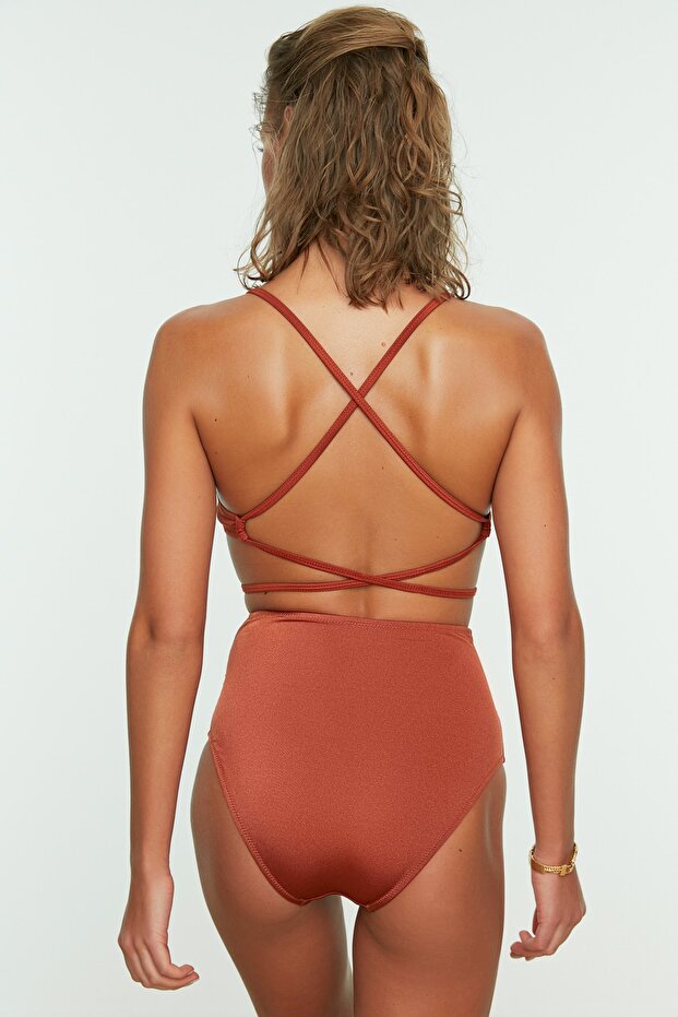 Kahverengi Drapeli Hipster Süper Yüksek Bel Bikini Altı TBESS21BA0178 - 5