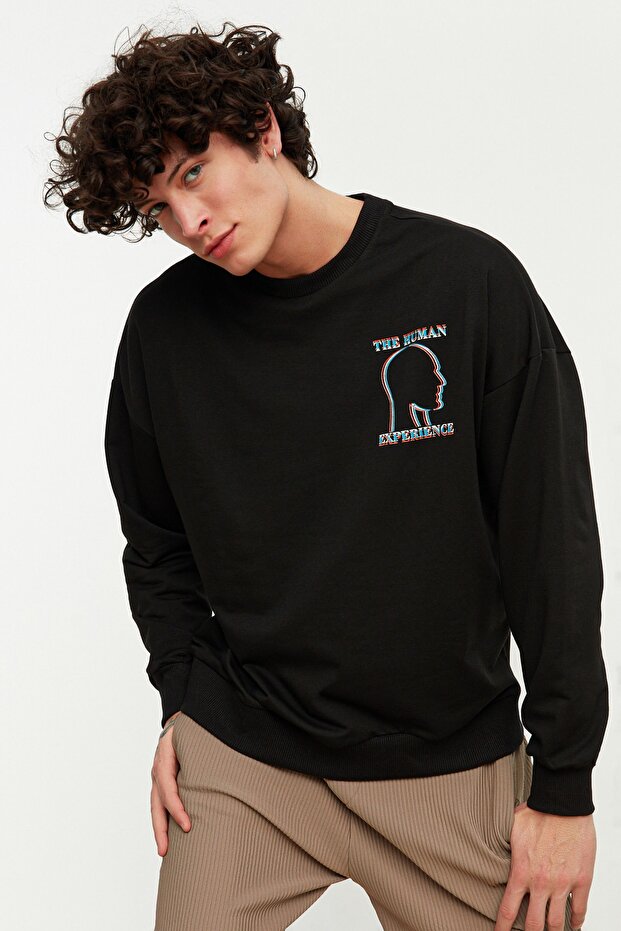 Siyah Oversize/Geniş Kesim Baskılı Sweatshirt TMNAW22SW0417 - 3