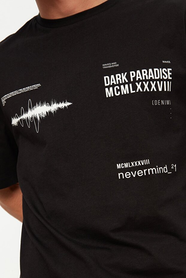 Siyah Oversize/Geniş Kesim Bisiklet Yaka Yazı Baskılı %100 Pamuklu T-Shirt TMNSS20TS1097 - 4