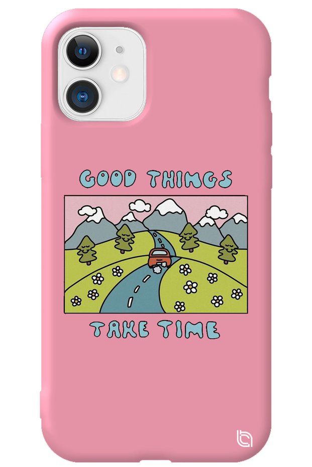 iPhone 12 Pink Color Premium Velvet Inside Take Time Patterned Silicone Phone Case