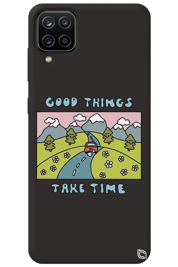 Samsung Galaxy A12 Black Color Premium Velvet Inside Take Time Patterned Silicone Phone Case