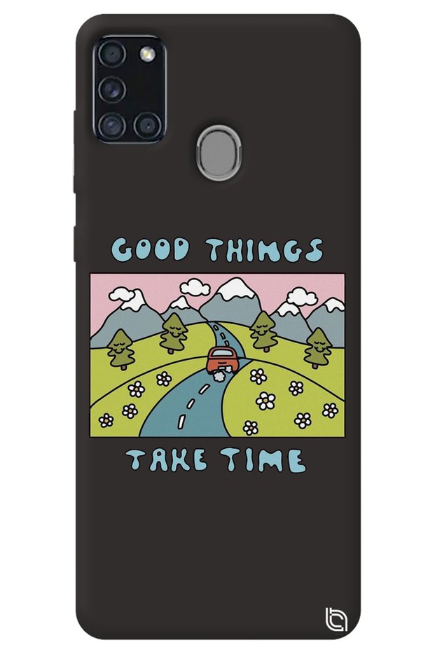 Samsung A21S Black Color Premium Velvet Inside Take Time Patterned Silicone Phone Case