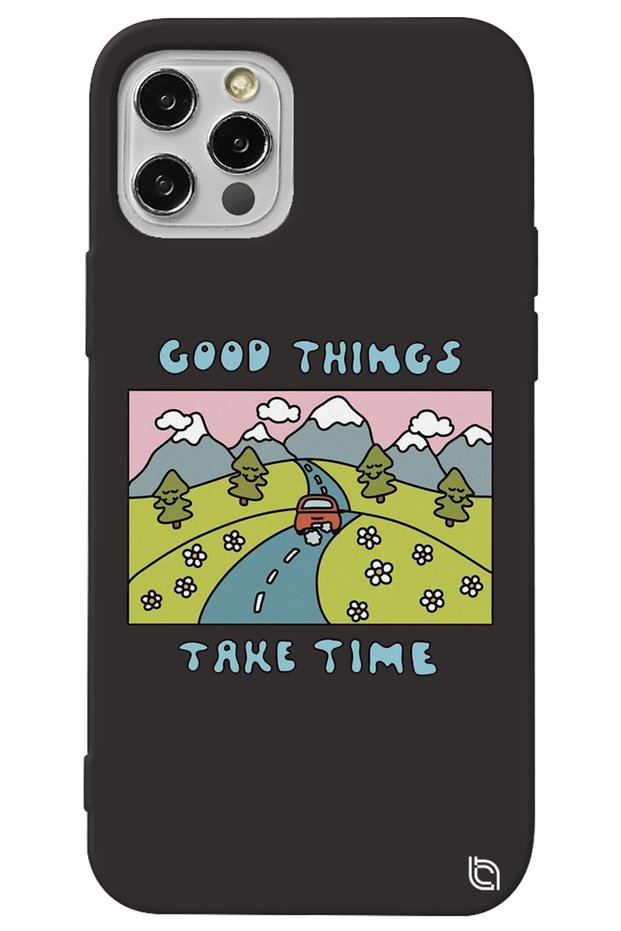 iPhone 13 Pro Max Black Color Premium Velvet Inside Take Time Patterned Silicone Phone Case