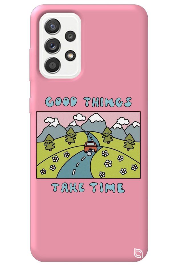 Samsung Galaxy A52 Pink Color Premium Velvet Inside Take Time Patterned Silicone Phone Case
