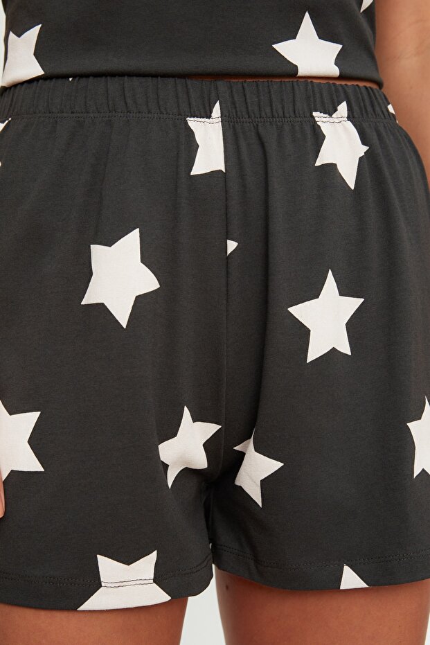 Çok Renkli %100 Pamuklu Yıldız Desenli Şortlu Örme Pijama Takımı THMSS22PT0501 - 4