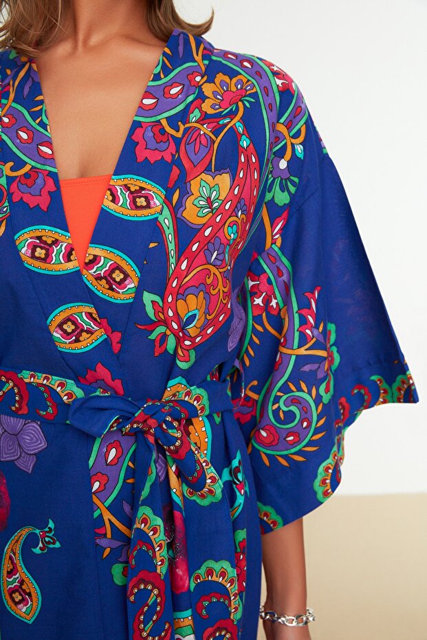 Etnik Desenli Dokuma %100 Pamuk Midi Plaj Kuşaklı Kimono&Kaftan TBESS22KM0023 - 3
