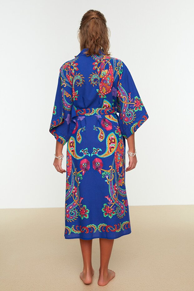 Etnik Desenli Dokuma %100 Pamuk Midi Plaj Kuşaklı Kimono&Kaftan TBESS22KM0023 - 4