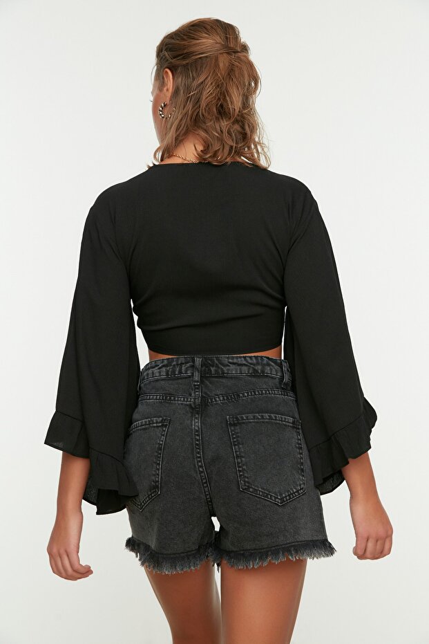 Siyah Dokuma Volanlı Plaj Crop Bluz TBESS19BB0095 - 4