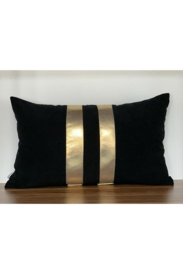 Black Floor Gold Leaf Plain Two Band Throw Pillow Cover in the Middle - 5030