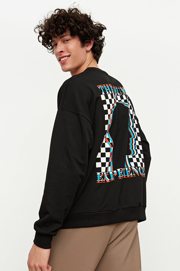 Siyah Oversize/Geniş Kesim Baskılı Sweatshirt TMNAW22SW0417 - 4
