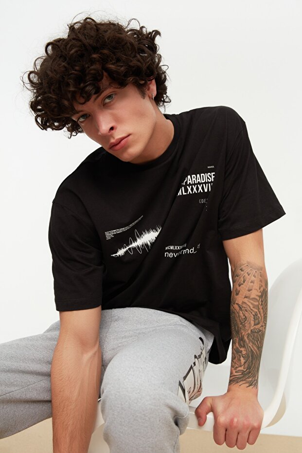 Siyah Oversize/Geniş Kesim Bisiklet Yaka Yazı Baskılı %100 Pamuklu T-Shirt TMNSS20TS1097 - 5
