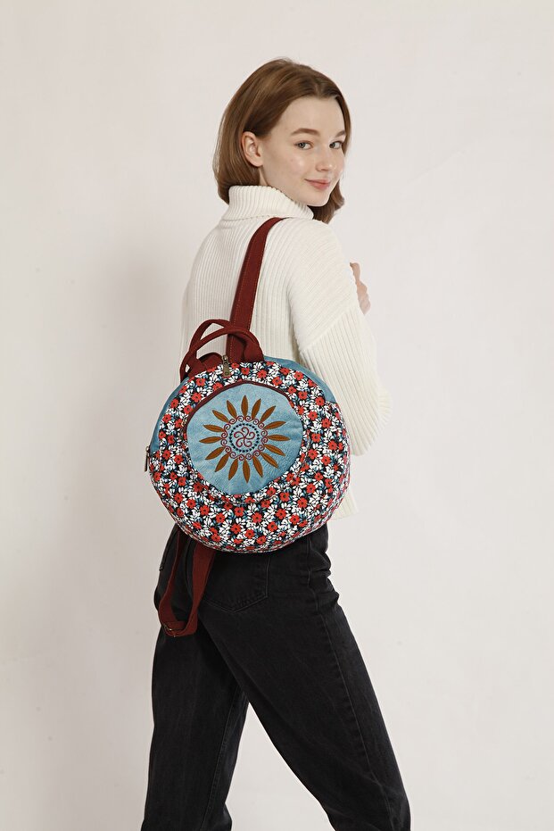 Fargin Ethnic Authentic Patterned Round Backpack Embroidered Bohemian Style Backpack