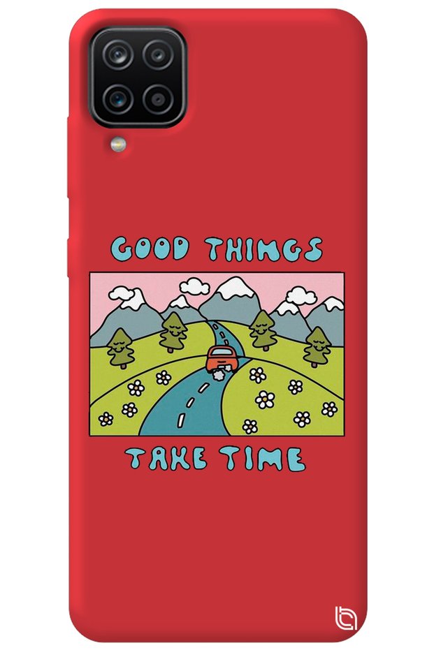 Samsung Galaxy A12 Red Color Premium Velvet Inside Take Time Patterned Silicone Phone Case