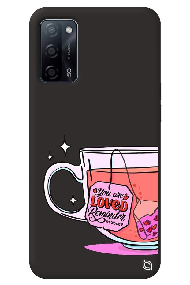 Oppo A52 Black Color Premium Velvet Inside Tea Patterned Silicone Phone Case