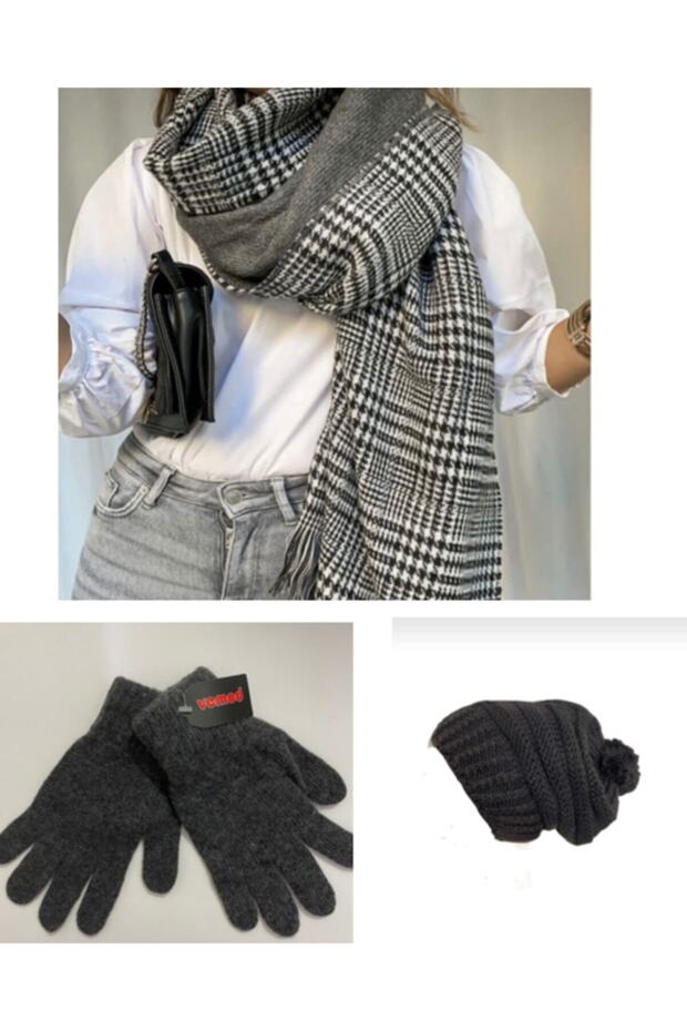 Double Pattern Scarf Gloves and Beanie Set