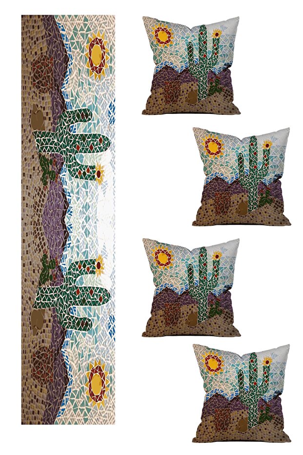 5 Piece Special Design Double Sided Printed Throw Pillow Cover and Runner Set
