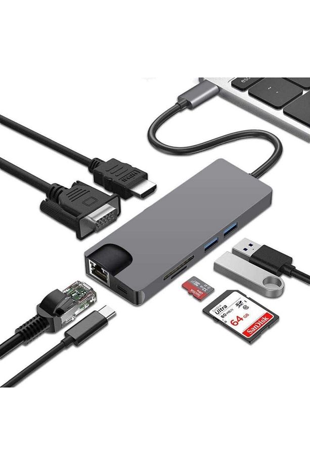Fc09 Type-c To Hdmı Rj45 Type-c Sd Kart Usb 3.0 X 2 Vga Macbook Uyumlu 8 In 1 Çevirici Adaptör - 3
