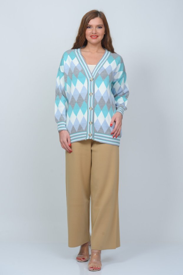 Colorful Diamond Patterned Classic Knitwear Knitted Large Size Cardigan