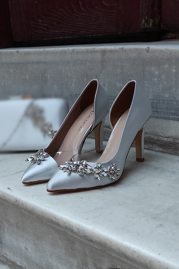 Silver Satin 9cm Side Transparent Star Stone Heeled Stiletto Women's Shoes