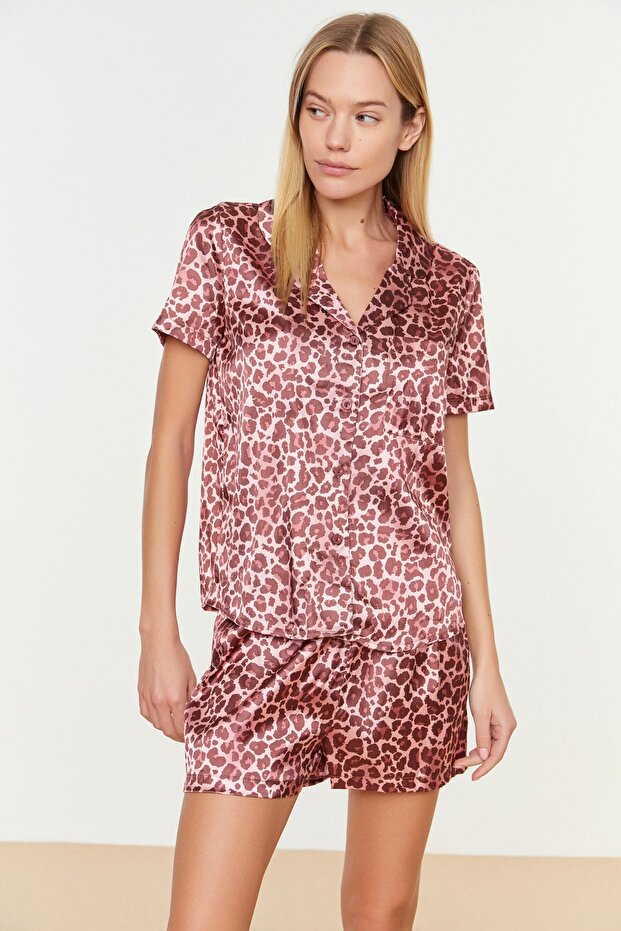 Pembe Leopar Desenli Saten Şortlu Dokuma Pijama Takımı THMSS20PT0158 - 4
