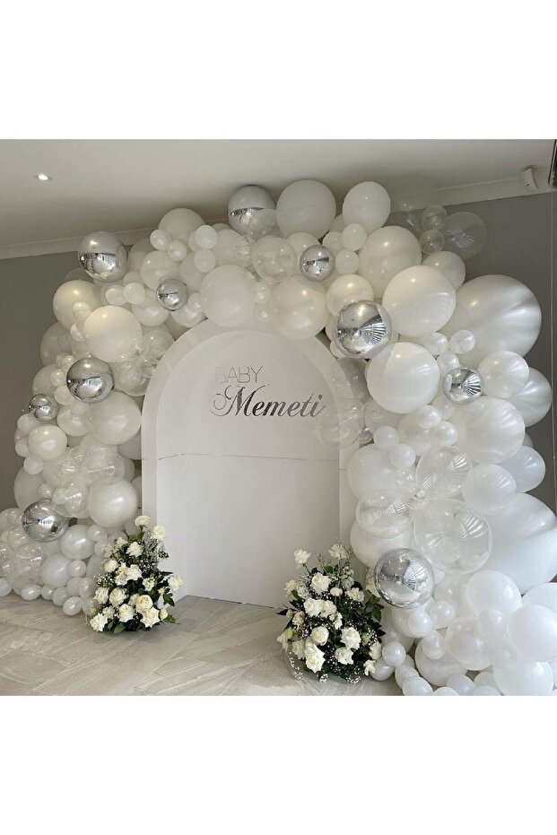 100 White, Transparent, Chrome Silver Balloons and 5 Mt Balloon Chain