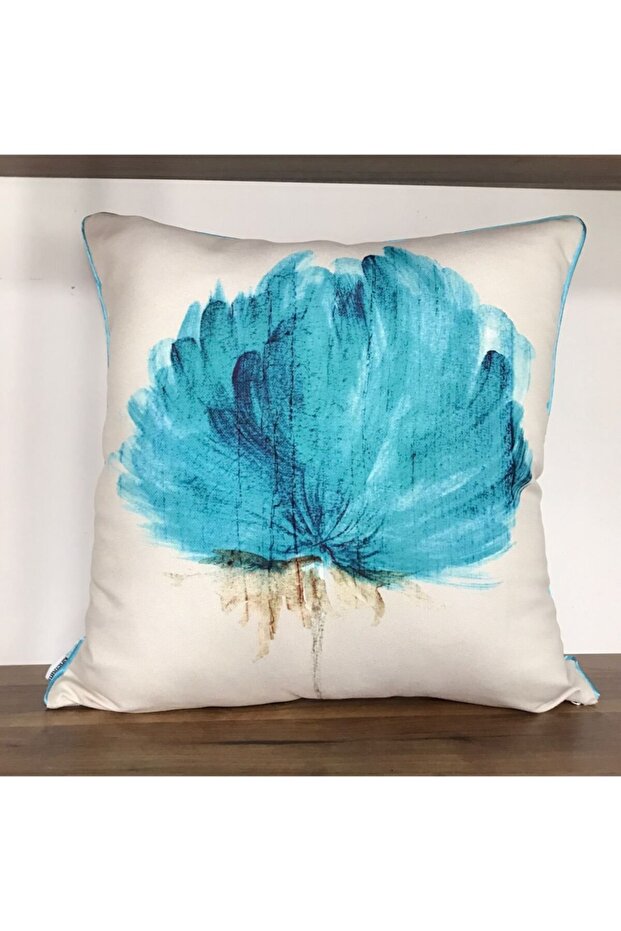 E75 Cream Floor Turquoise Flower Edges Piping Double Sided Digital Printed Throw Pillow Cover