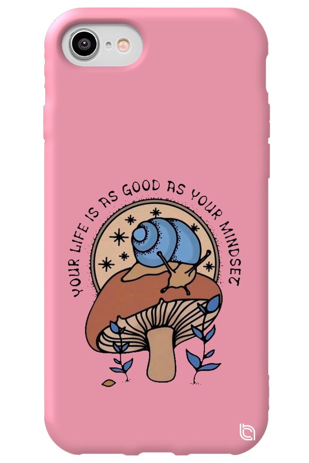iPhone 8 Pink Color Premium Velvet Inside Mushroom Patterned Silicone Phone Case