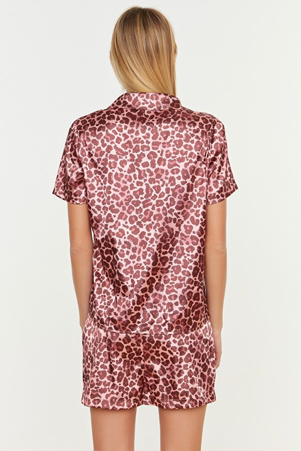 Pembe Leopar Desenli Saten Şortlu Dokuma Pijama Takımı THMSS20PT0158 - 6