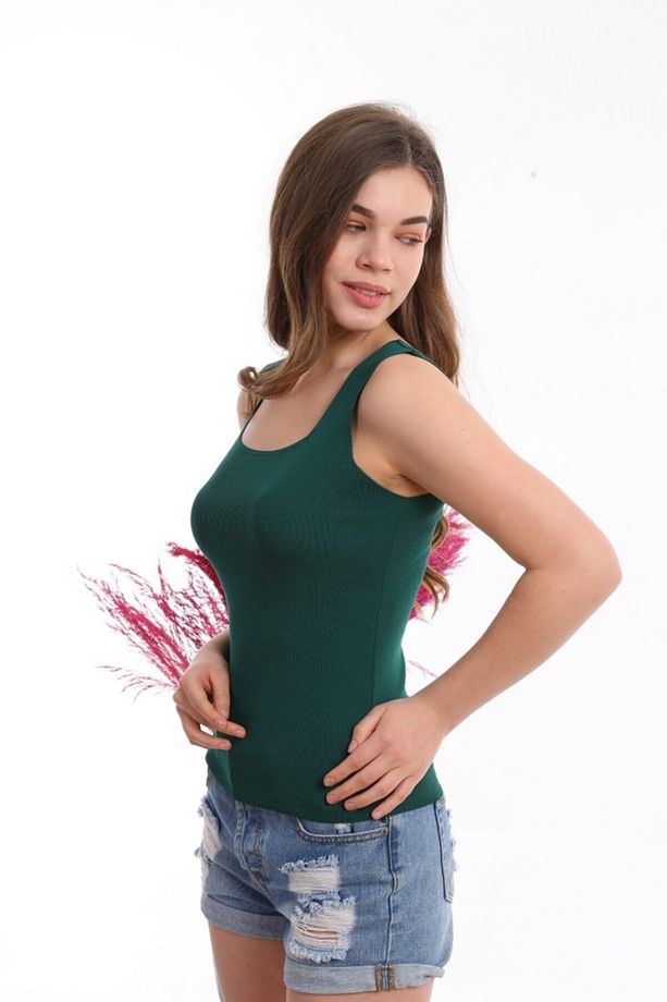 Kadın Zümrüt Rengi Kare Yaka Askılı Triko Bluz Atlet - 6