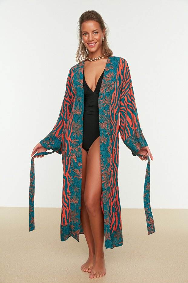 Zebra Desenli Dokuma Maxi Plaj Kuşaklı Kimono&Kaftan TBESS21KM0171 - 2