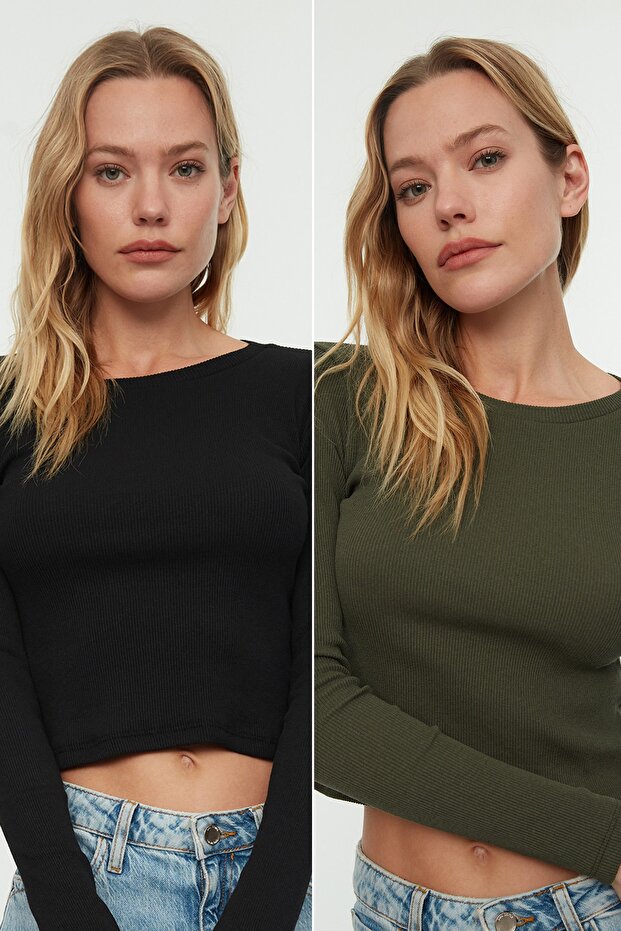 Siyah-Haki 2'li Paket Fitted/Vücuda Oturan Bisiklet Yaka Crop Fitilli Esnek Örme Bluz TWOAW22BZ0331 - 2