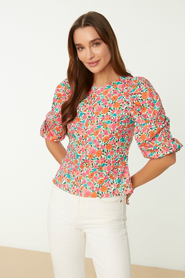 Ekru Balon Kol Çiçek Desenli Crop Dokuma Bluz TWOSS22BZ0193 - 1