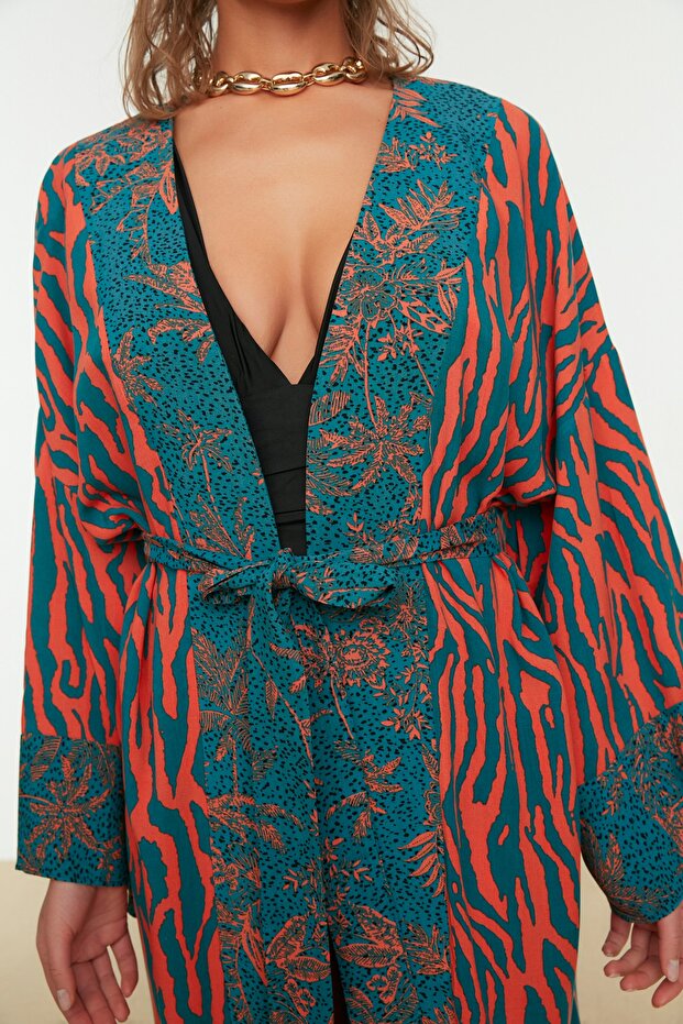 Zebra Desenli Dokuma Maxi Plaj Kuşaklı Kimono&Kaftan TBESS21KM0171 - 5