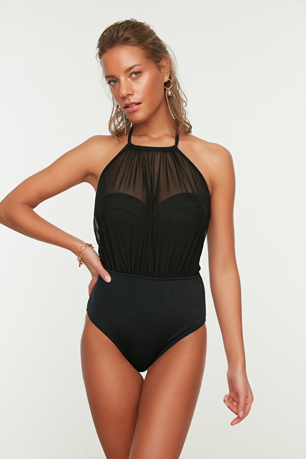 Siyah Mesh Detaylı Halter Yaka Kaplı Hipster Mayo TBESS20MA0035 - 1