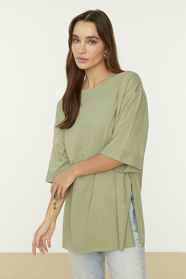 Mint Duble Kol Geniş Kesim Asimetrik Boyfriend Örme T-Shirt TWOSS20TS0828 - 7